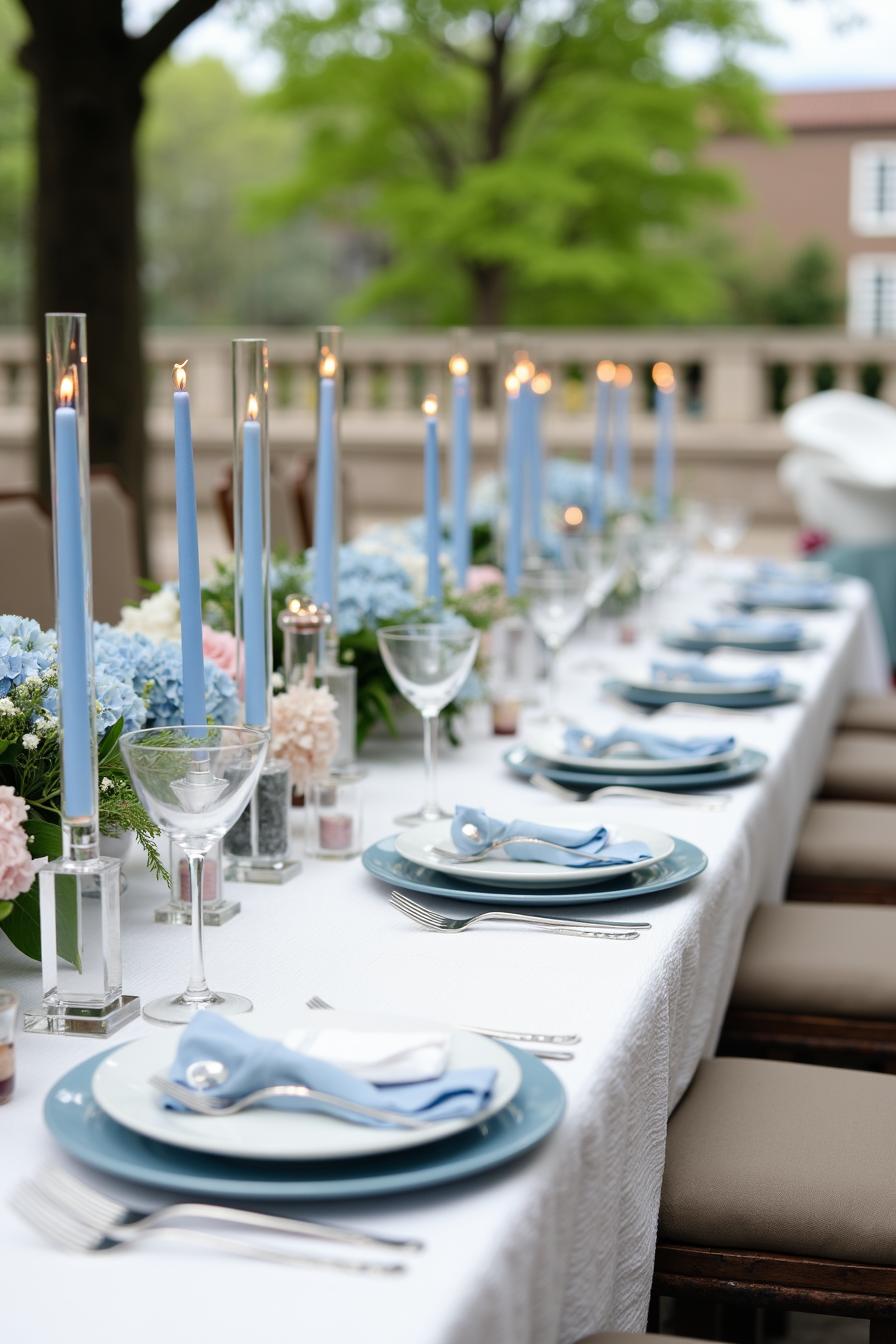 Elegant outdoor wedding table set with blue candles and floral arrangements