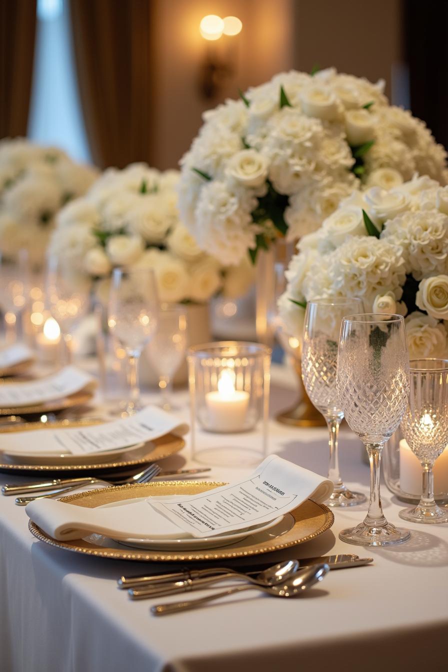 Elegant table setting with white roses and candles