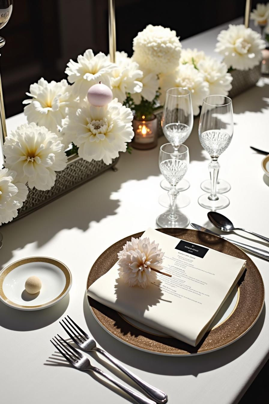 Table setting with white daisies and crystal glasses