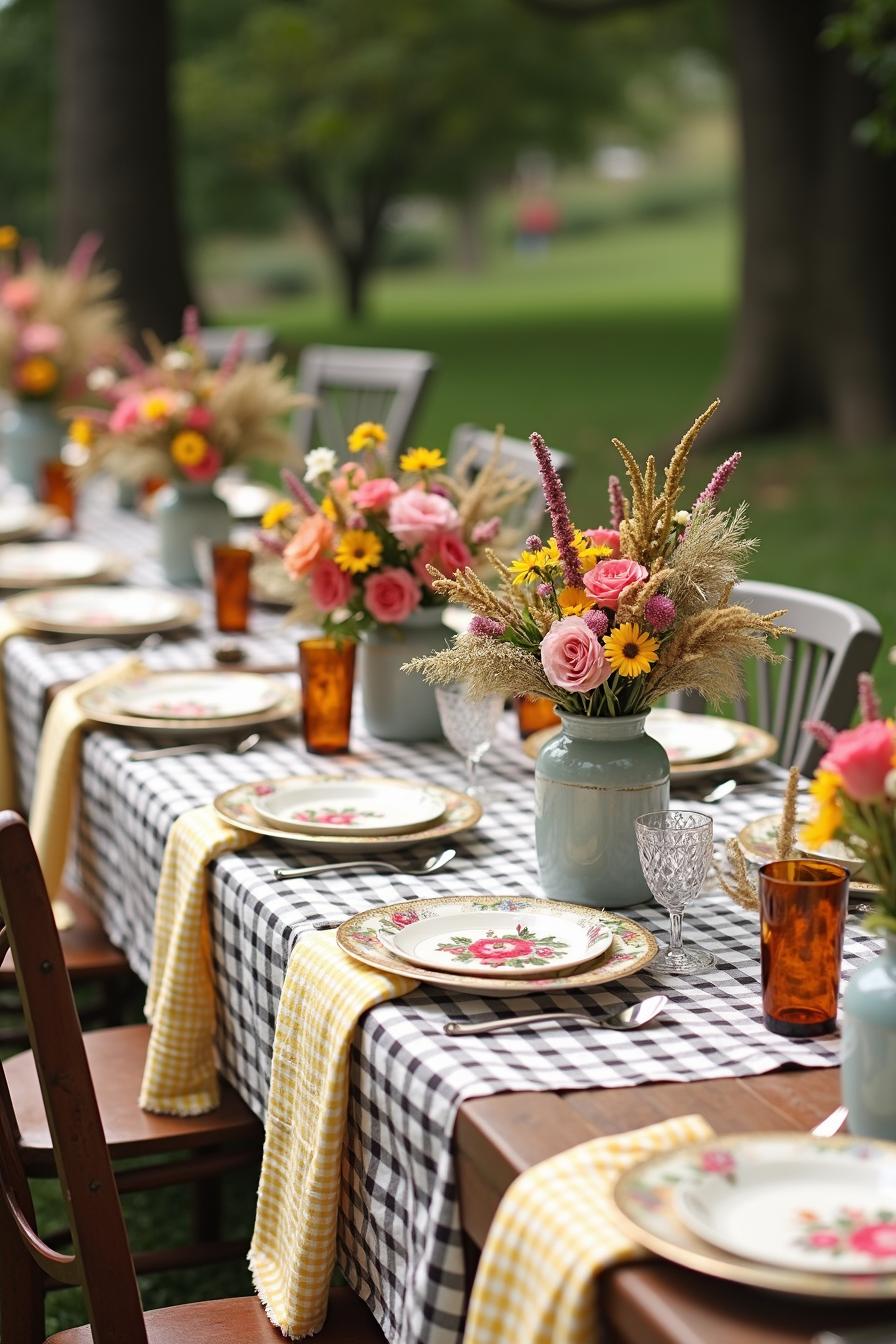 Outdoor wedding table setting with flowers and checked tablecloths