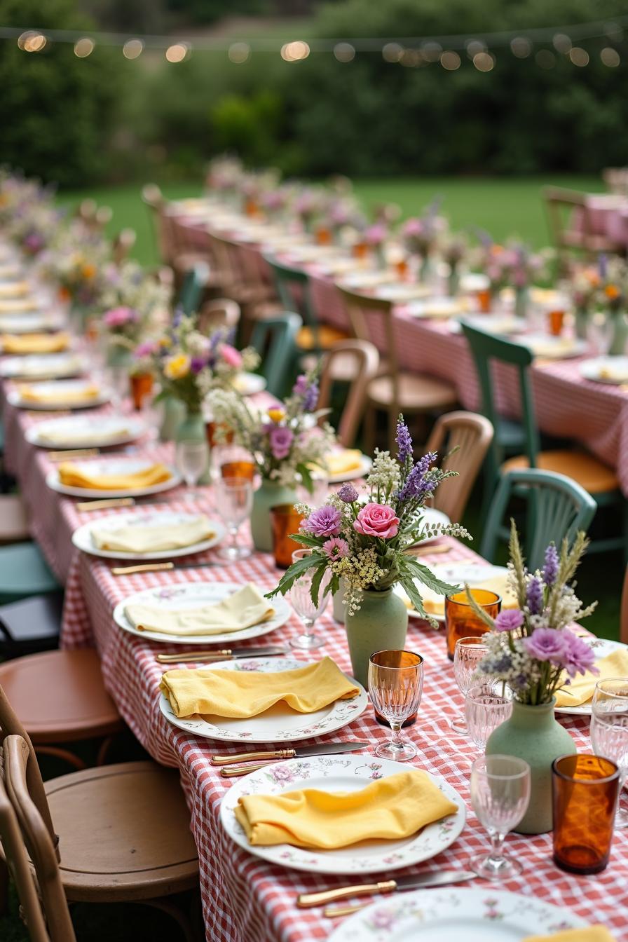 Long dining tables with checkered tablecloths and floral centerpieces