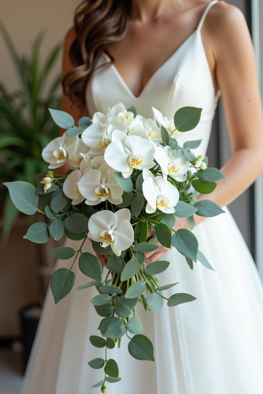 Bride holding white orchid bouquet