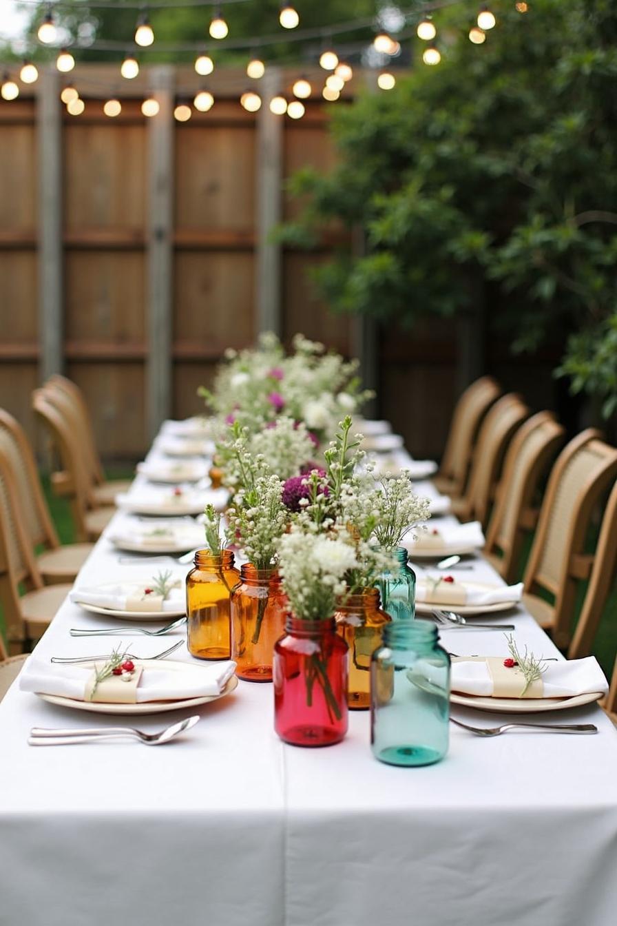 Vibrant jars with flowers on a long table