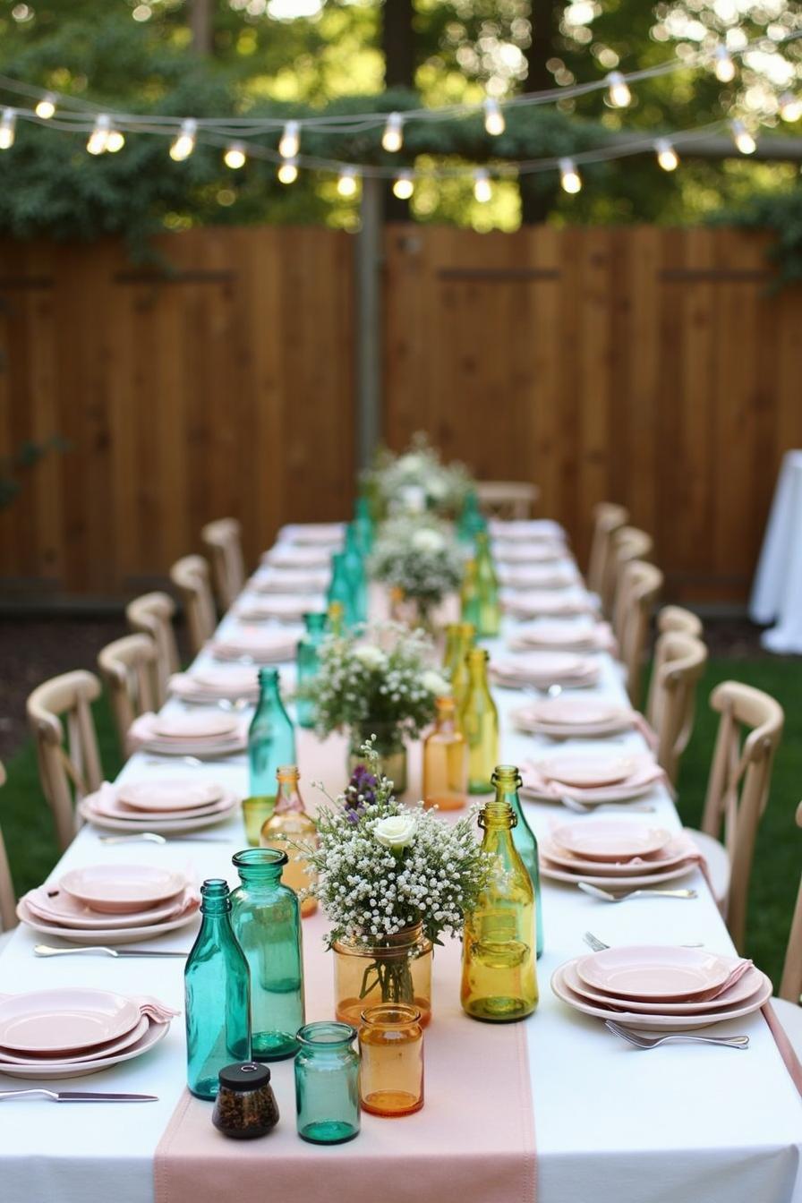 Long table adorned with colorful bottles and dainty flowers under string lights