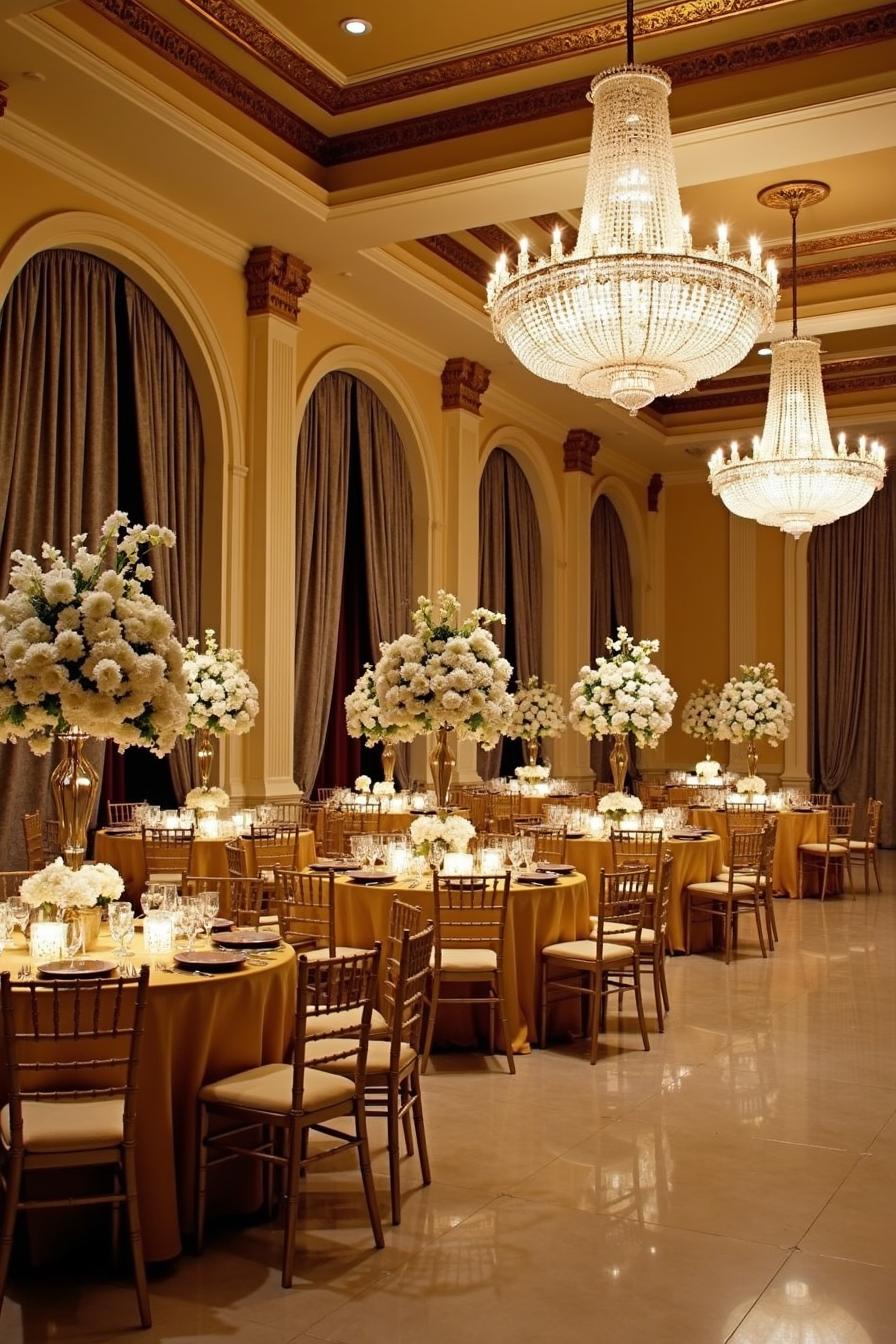 Luxurious wedding reception with chandeliers and floral arrangements