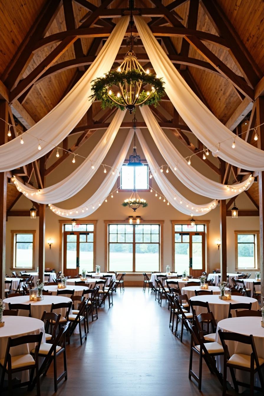 A rustic barn wedding theme manifests through elegant drapery cascading from the high wooden beams complemented by a central circular chandelier 1