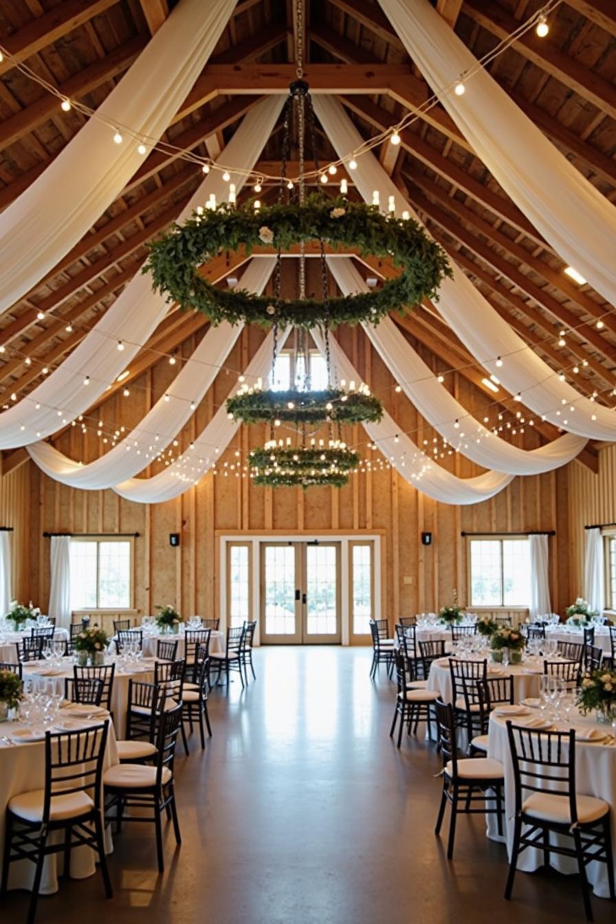 Rustic barn venue with layered drapes and green chandeliers