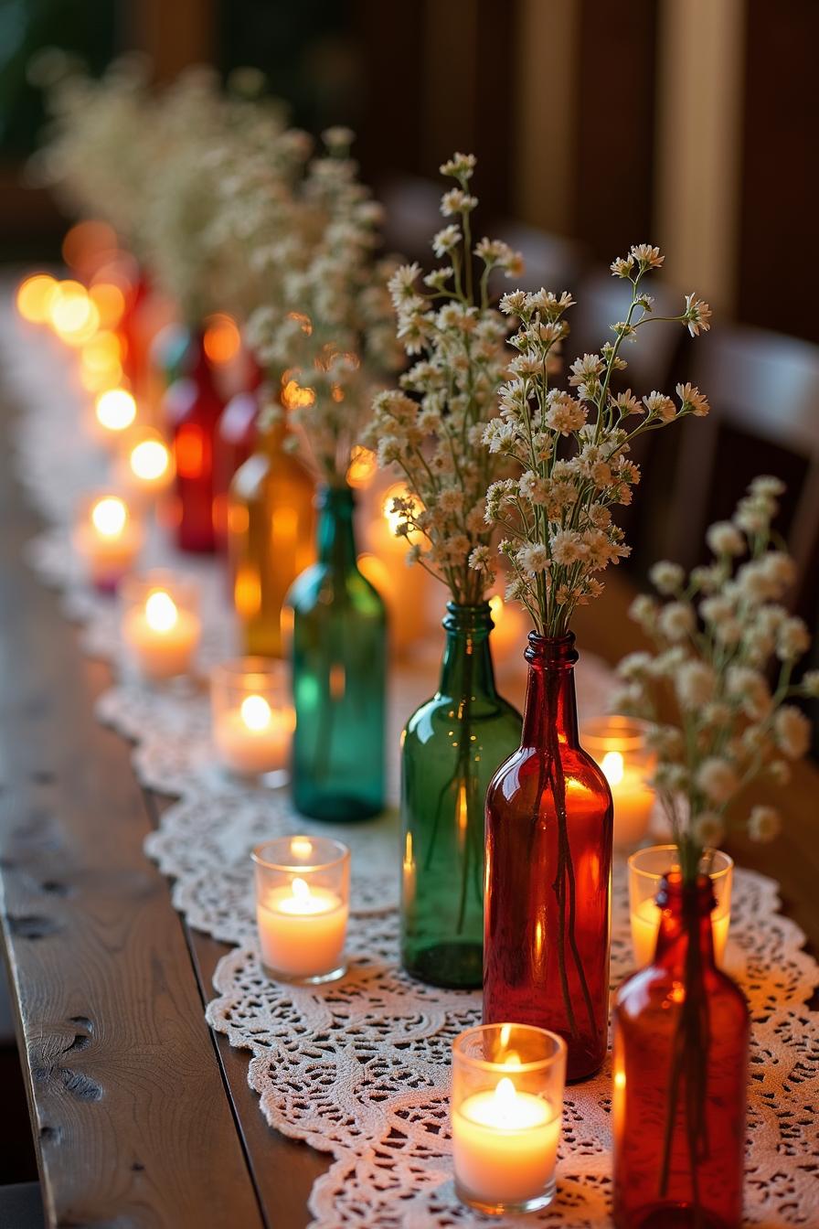 Colorful bottles with flowers and candles on a lace runner