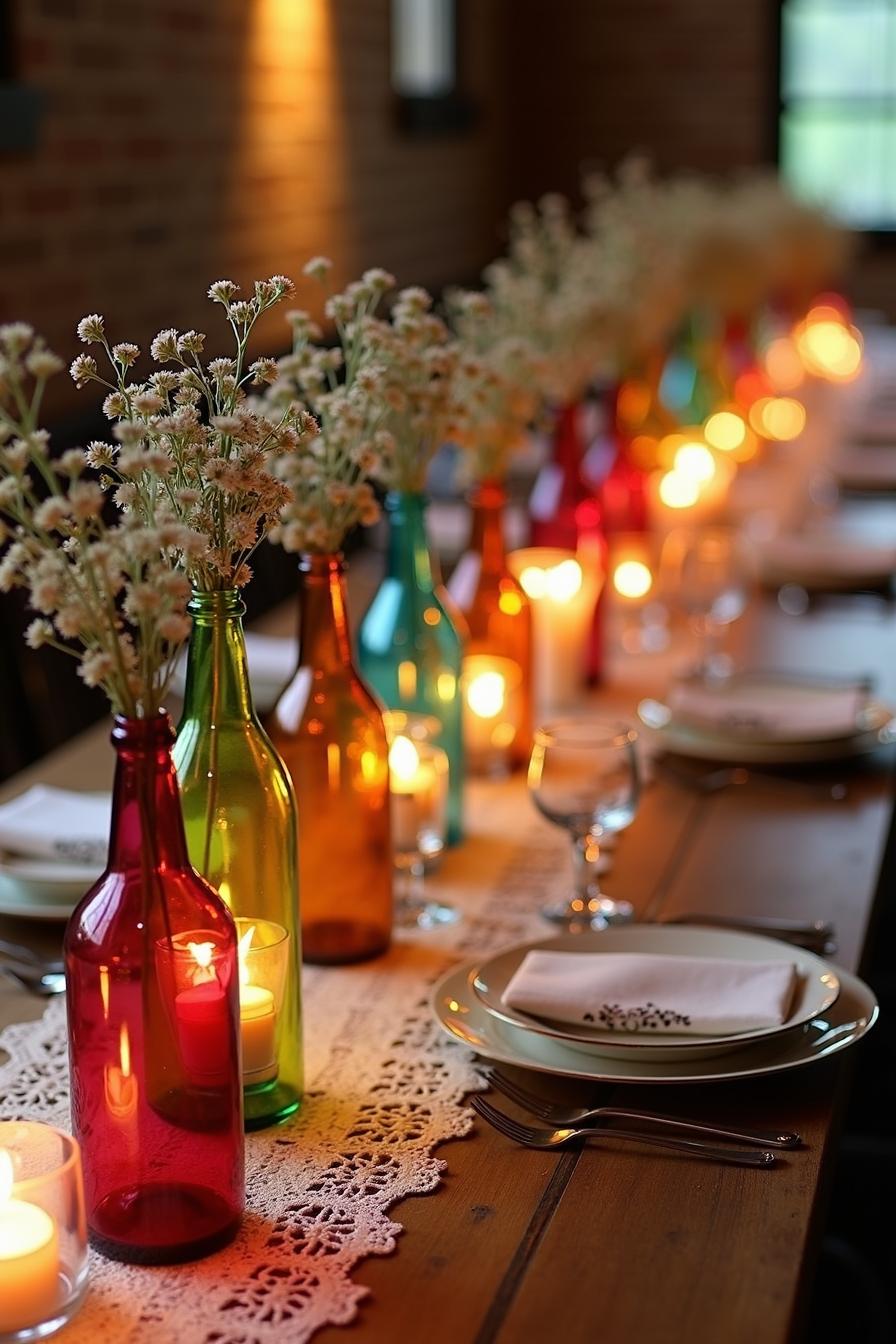 Colorful bottles with flowers and lit candles on a dining table