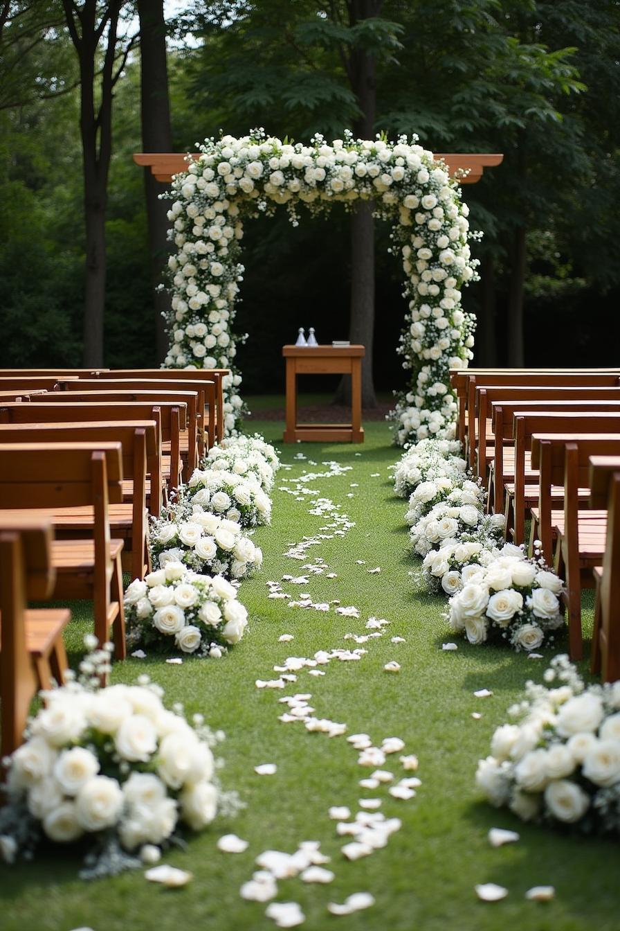 White floral arch with aisle of rose petals at a garden wedding