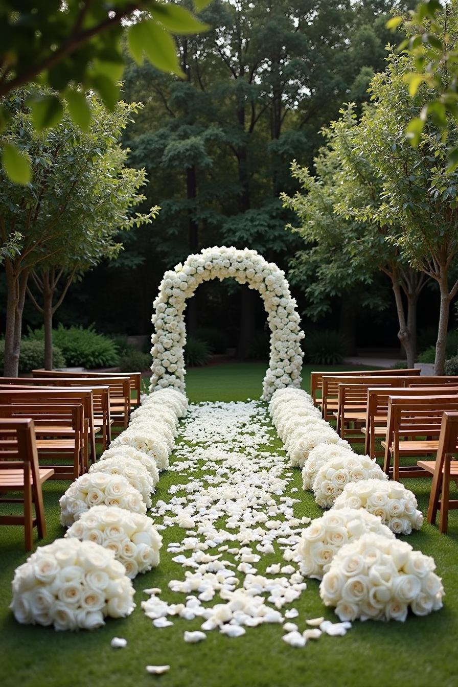 White floral archway with rose-petal aisle in an outdoor garden setting