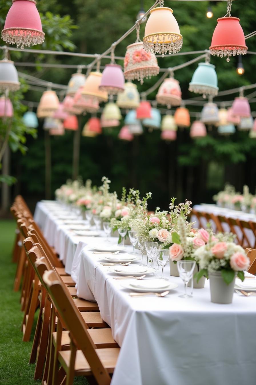 Long table with floral arrangements and colorful lampshade decor