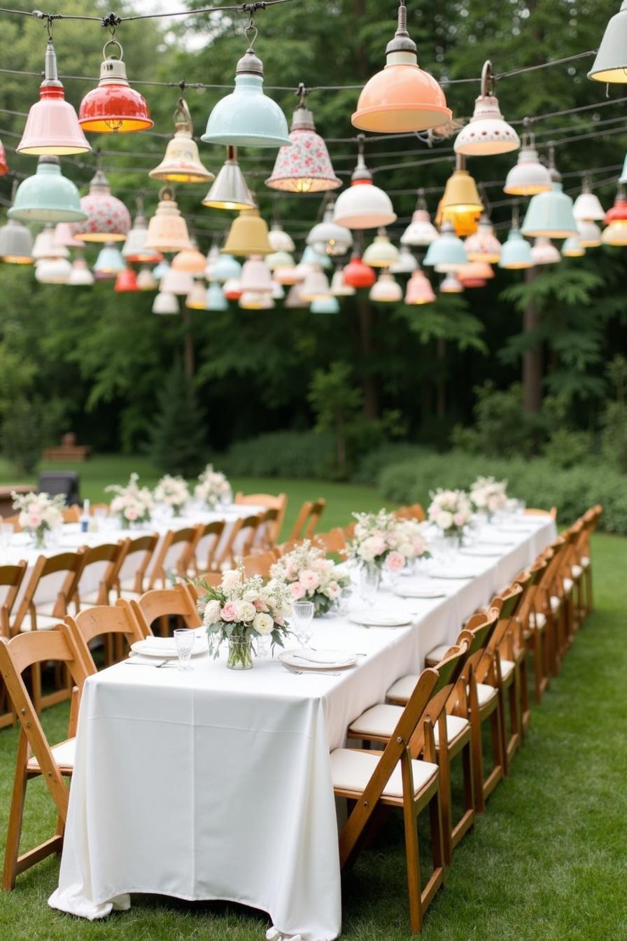 Colorful hanging lamps above garden wedding tables