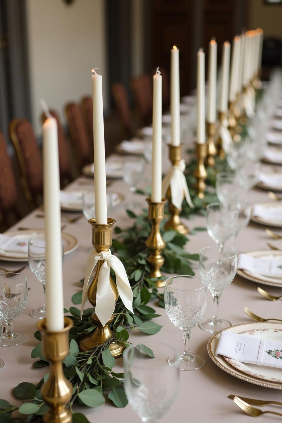 Long table with gold candlesticks, greenery, and elegant place settings