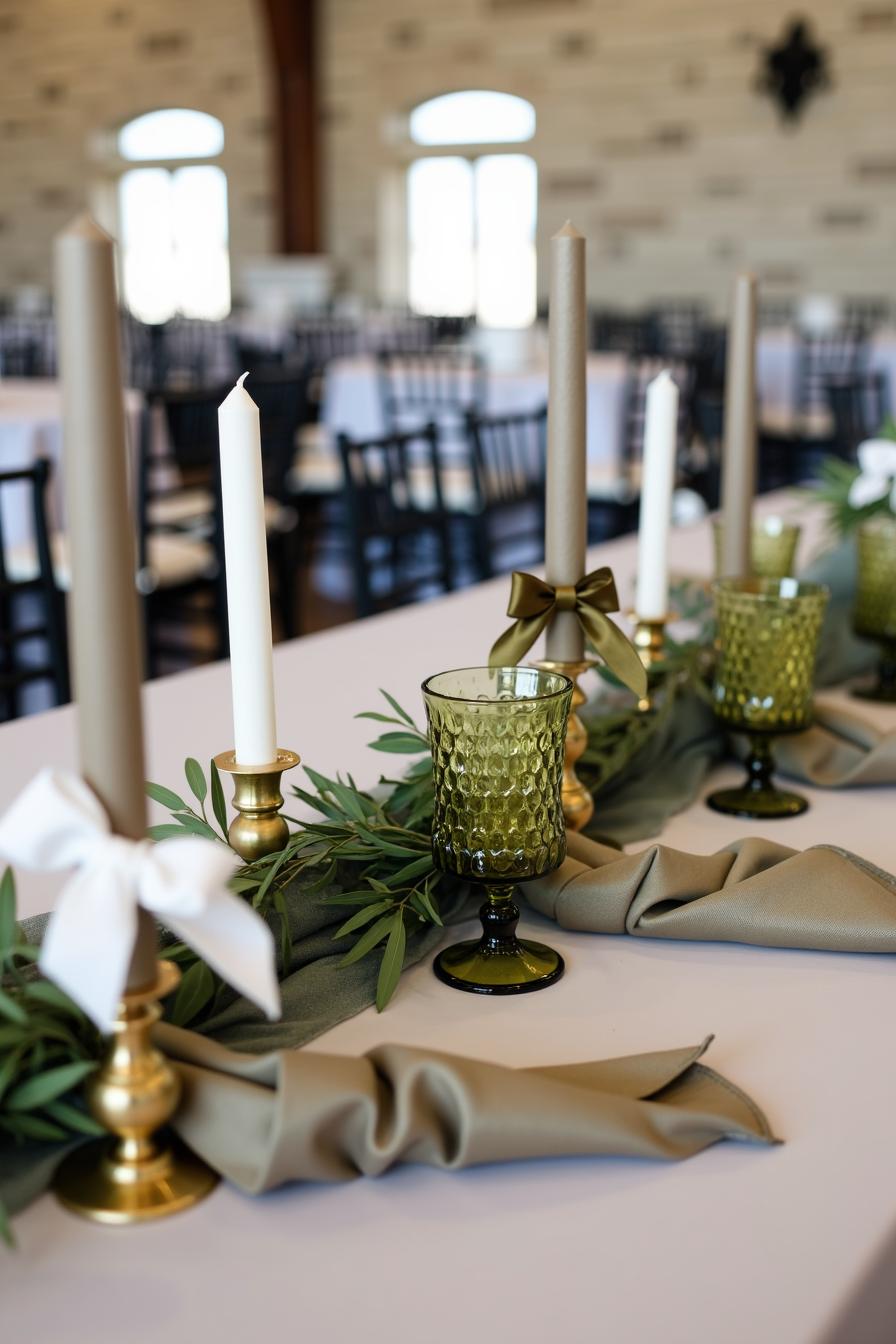 Elegant table setting with candles, greenery, and textured glassware