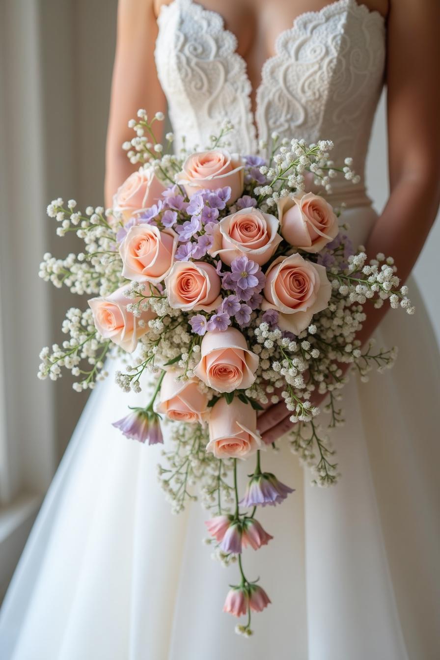 A bouquet of peach roses with lavender accents