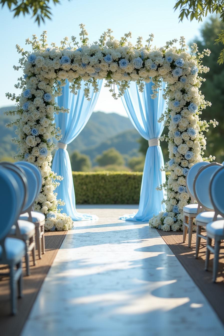 Elegant floral arch with blue drapes for an outdoor wedding