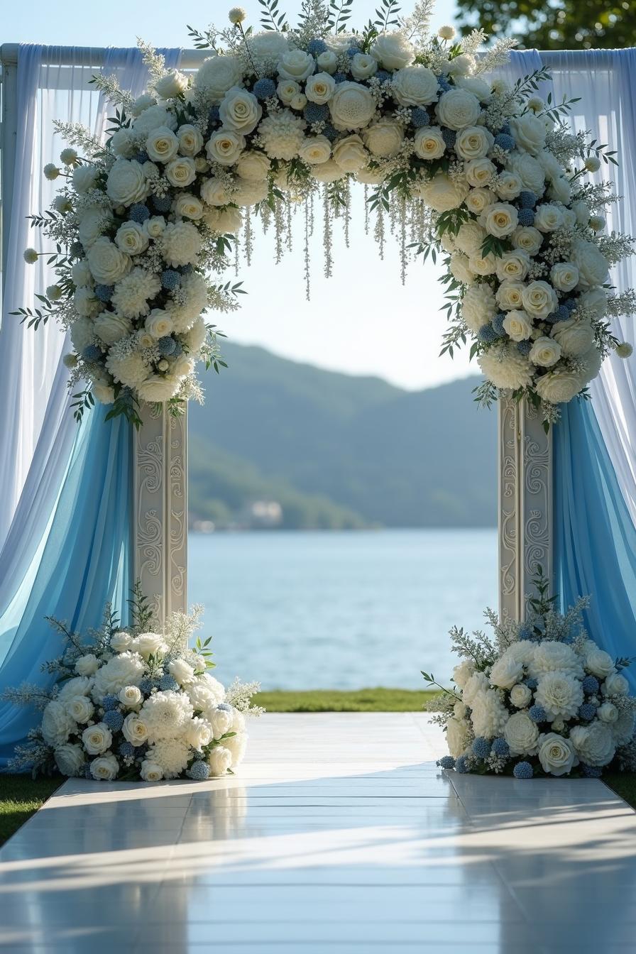 Floral arch with blue and white drapery by the sea