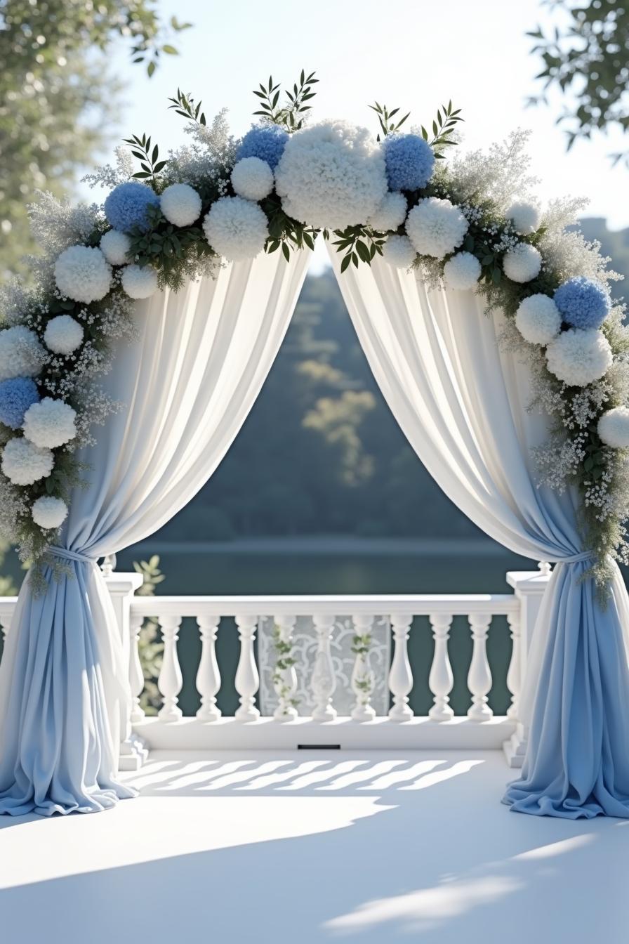 Blue and white floral arch with draped curtains