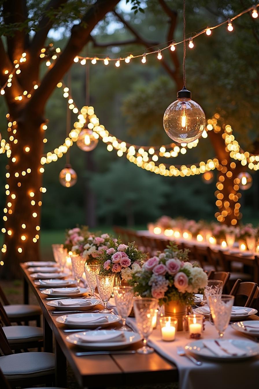 Outdoor wedding reception with string lights and floral arrangements