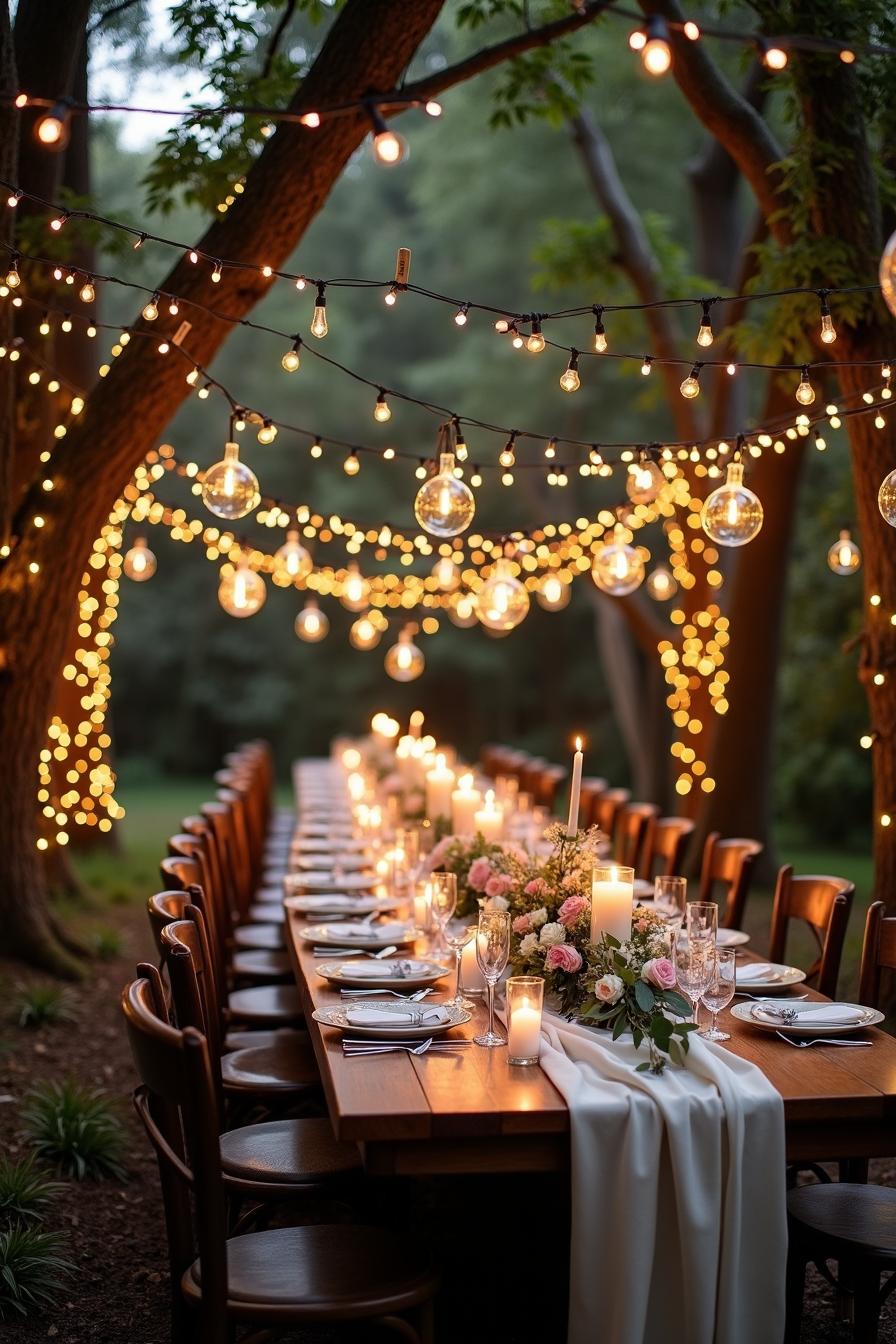 Outdoor wedding table under string lights and trees