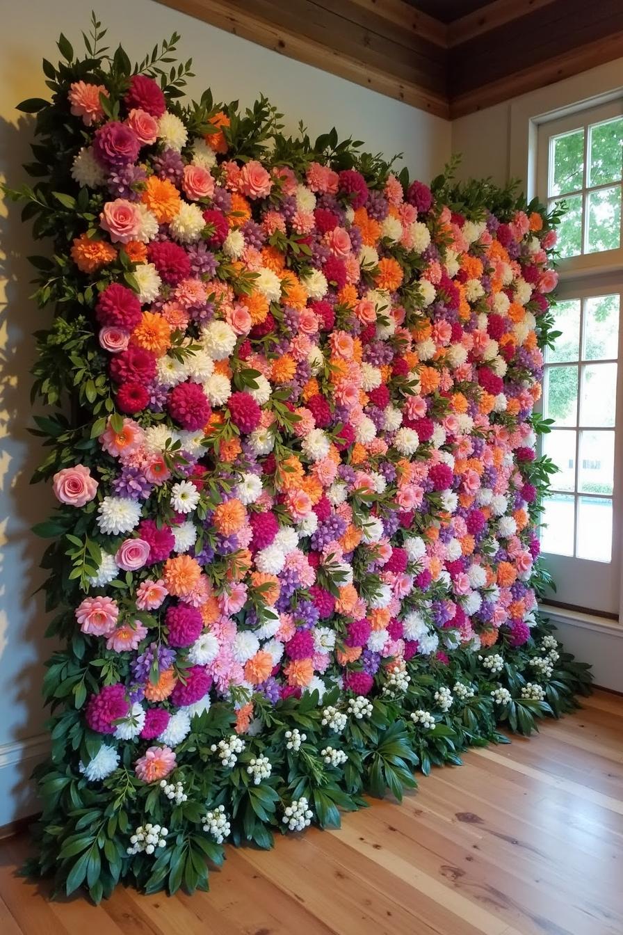 Colorful floral wall decor with lush greenery