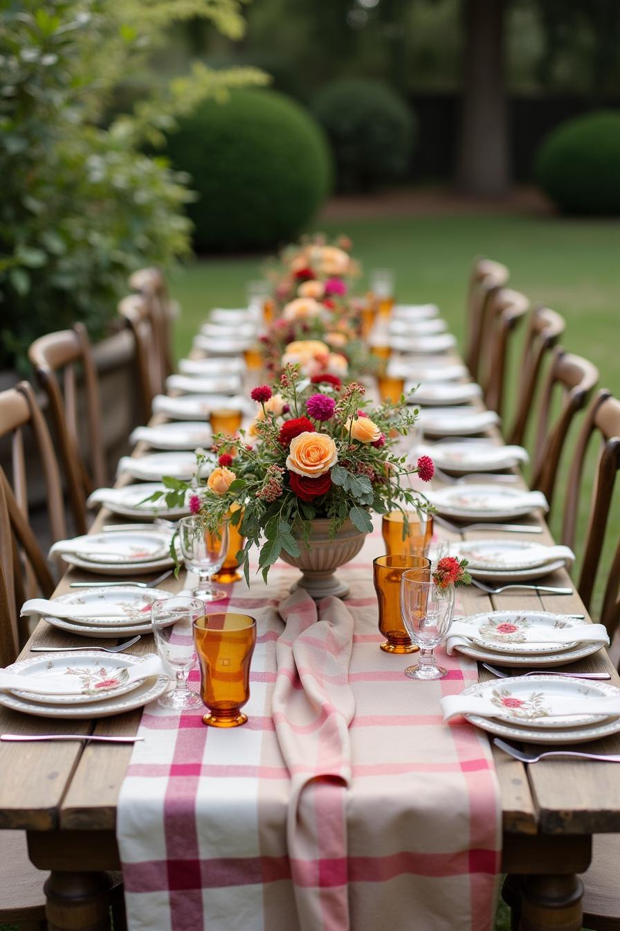 Elegant outdoor wedding table with roses and amber glasses