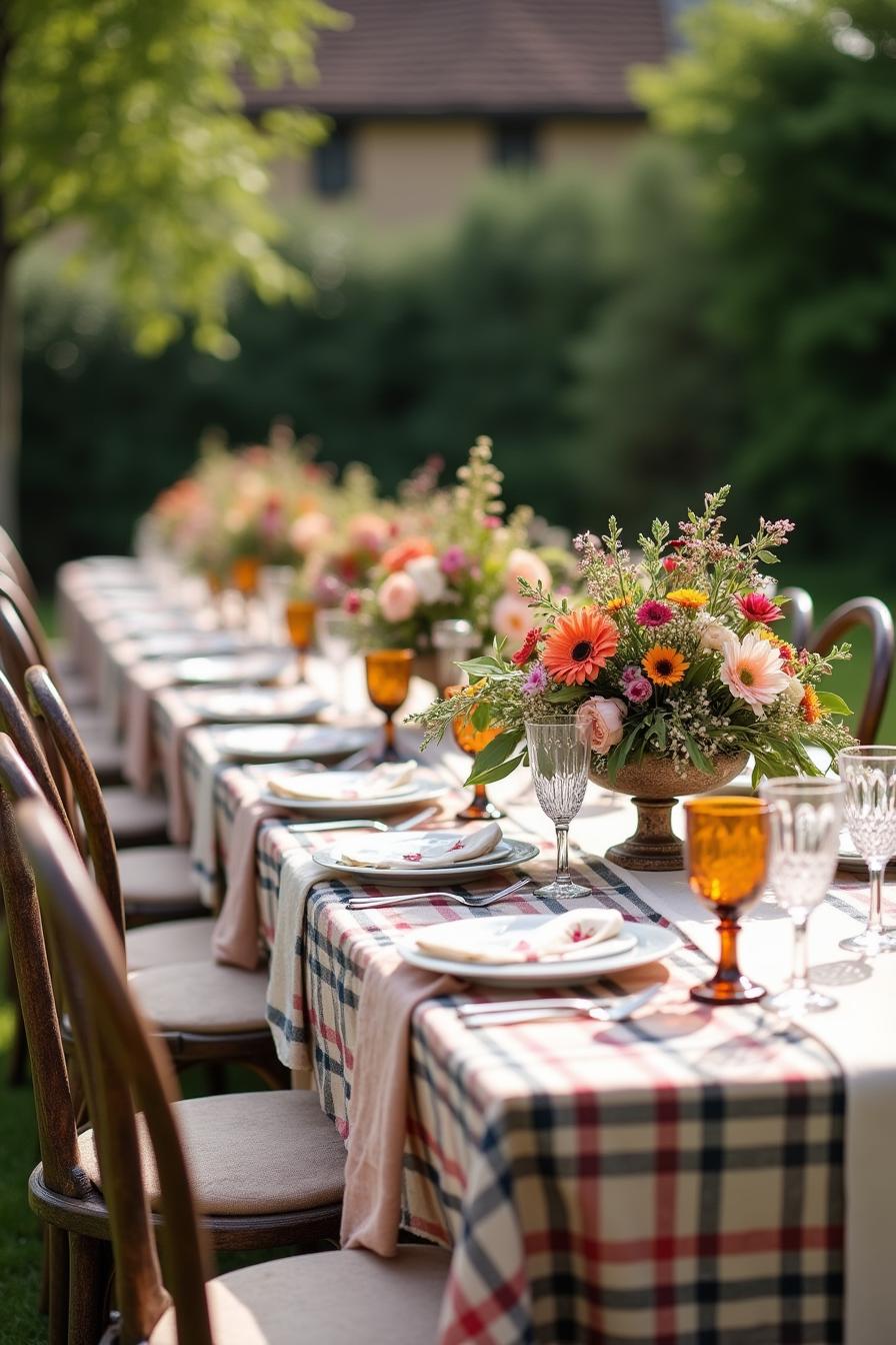 Elegant garden table setting with colorful flowers and checkered linens