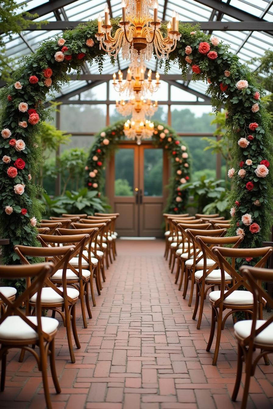 Pathway lined with chairs under floral arches and chandeliers