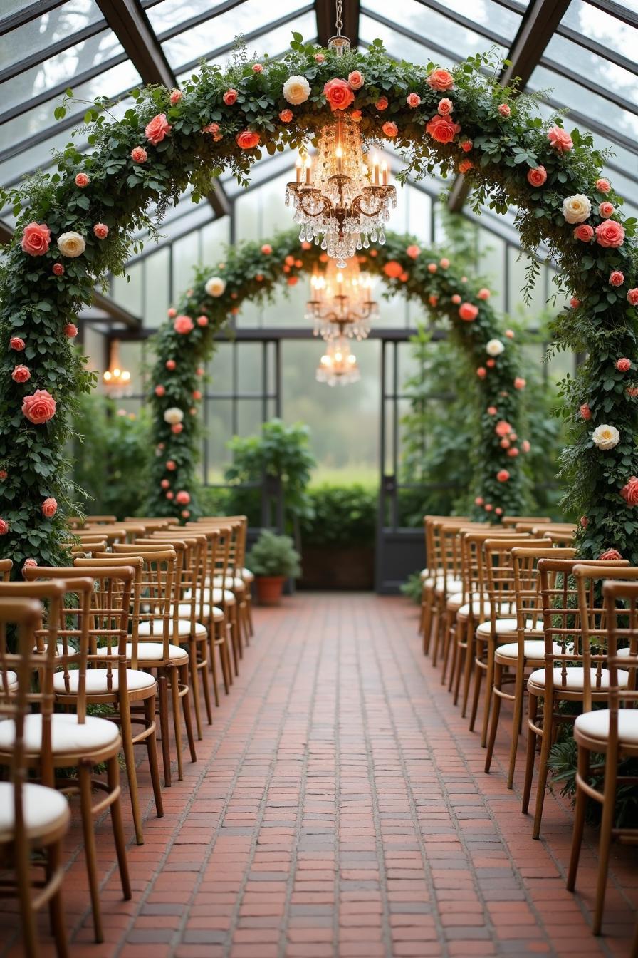 Arched floral pathway with twinkling chandeliers