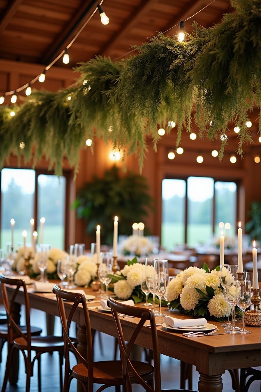 Wedding table set with candles, flowers, and overhead greenery