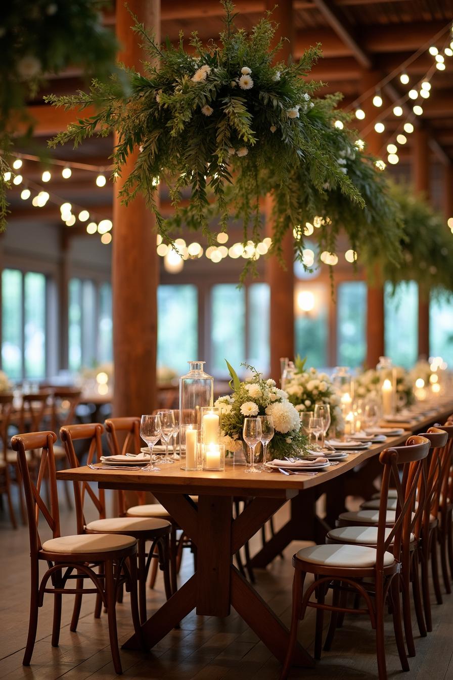 Tables adorned with candles and floral arrangements hang under lush greenery