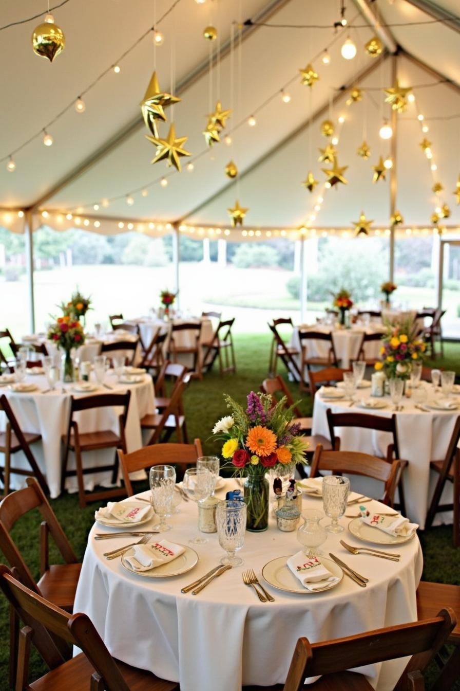 The wedding decor embodies an eclectic and rustic theme with a touch of whimsical elegance. The venue is a beautifully draped tent adorned with 1