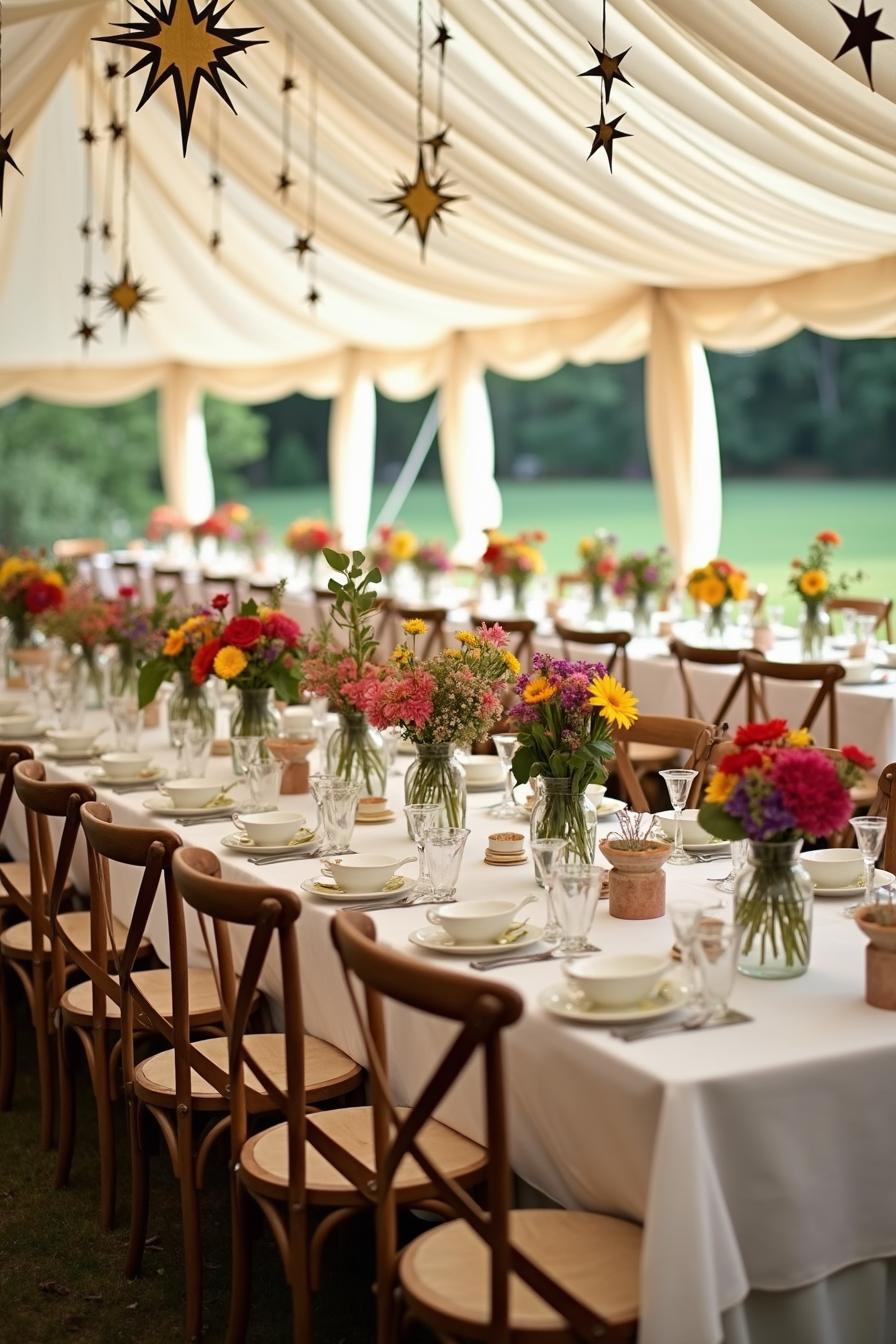 Elegant wedding tent decorated with colorful flowers and hanging star ornaments