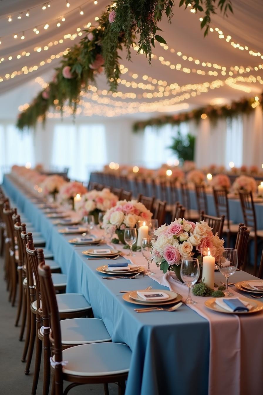 Long banquet table with blue and white decor, floral arrangements, candles, and string lights