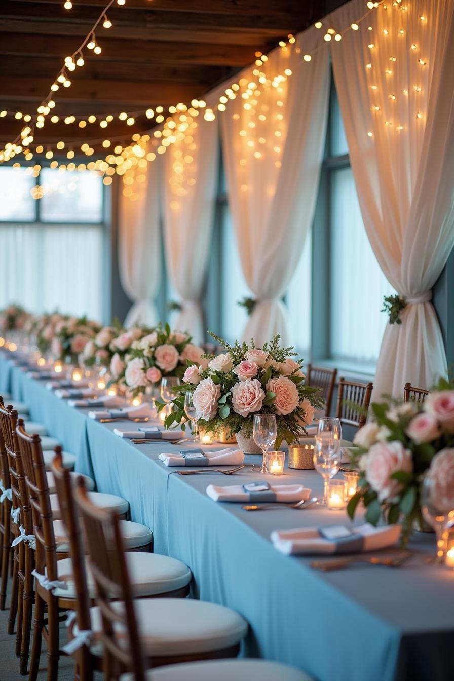 Long table adorned with blue cloth, flowers, and candlelit ambiance