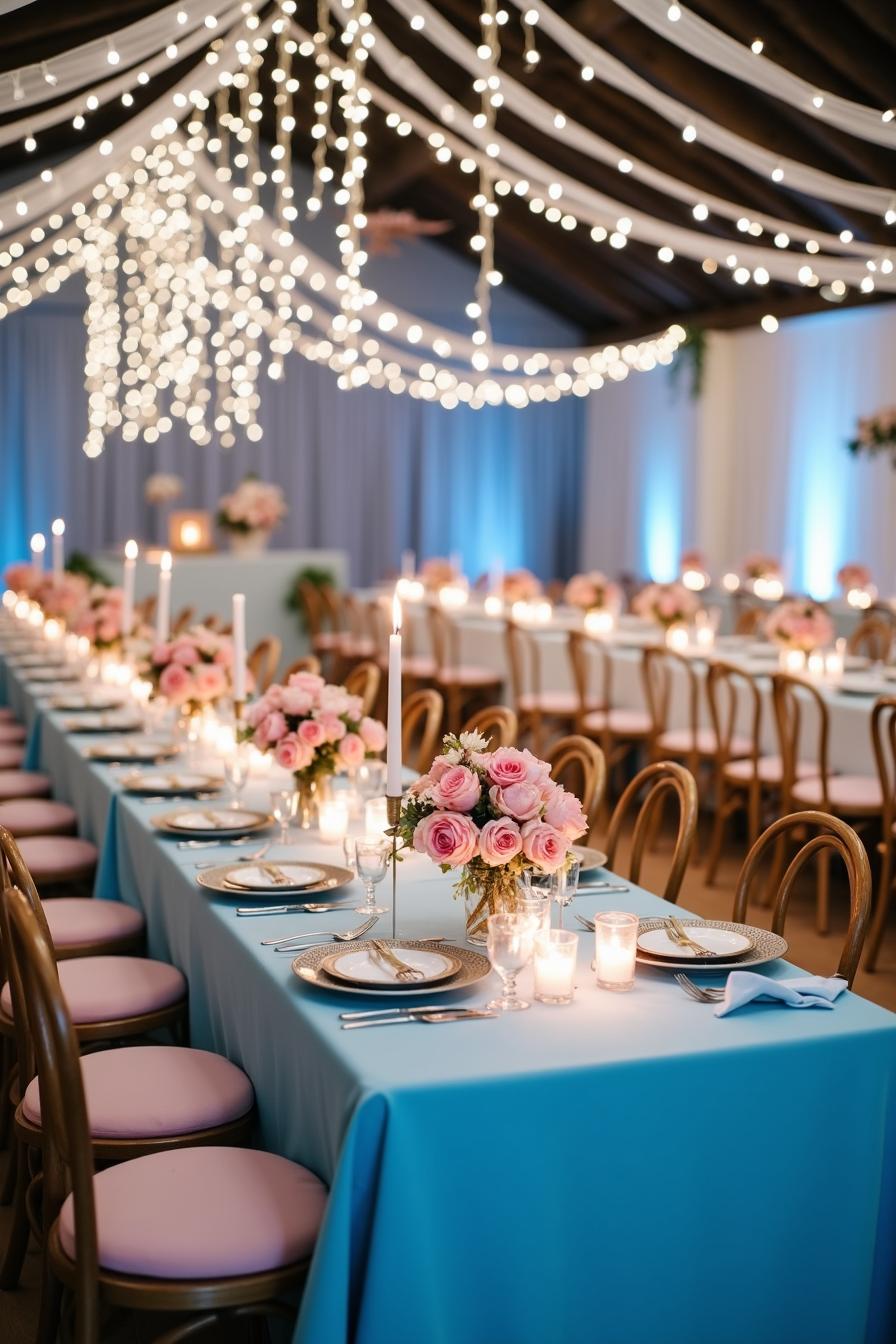 Elegant table setup with pink roses, candles, and blue accents