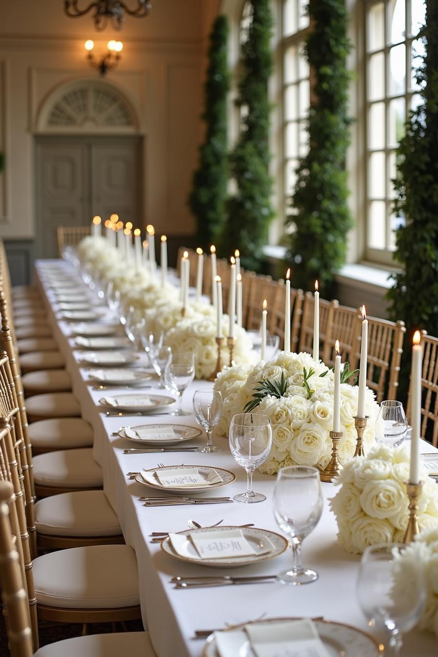 Long, elegant table decorated with white roses and candles under soft lighting