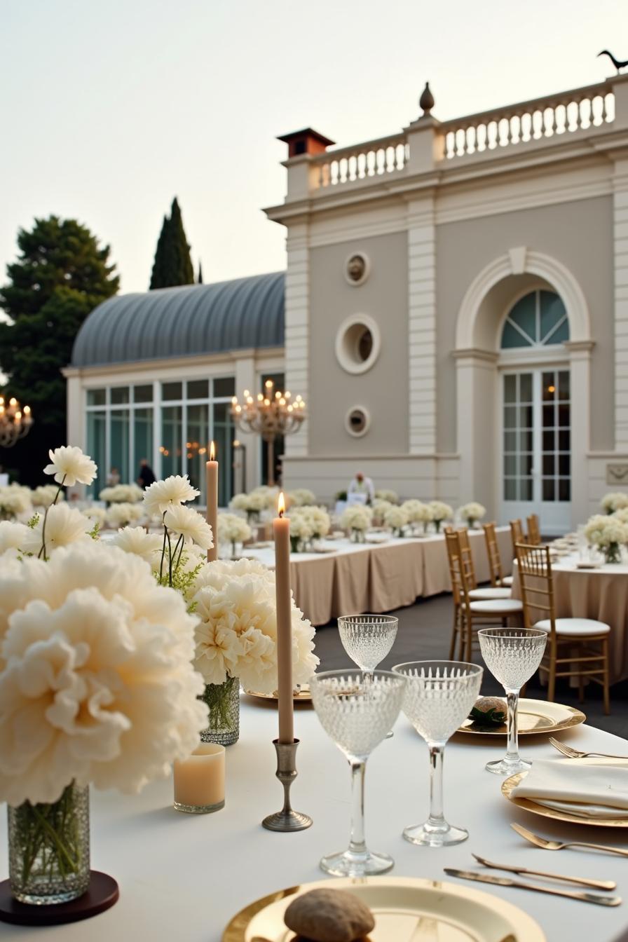 Outdoor banquet with elegant decor and a grand building backdrop