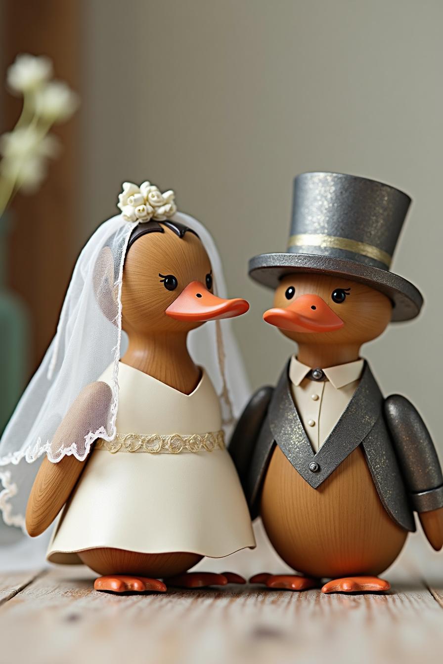 The wedding decor presents a charming and whimsical theme with handcrafted wooden duck figures dressed as a bride and groom. The bride figure is 1