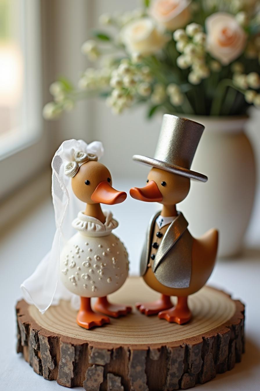 Duck bride and groom figurines on a wood slice