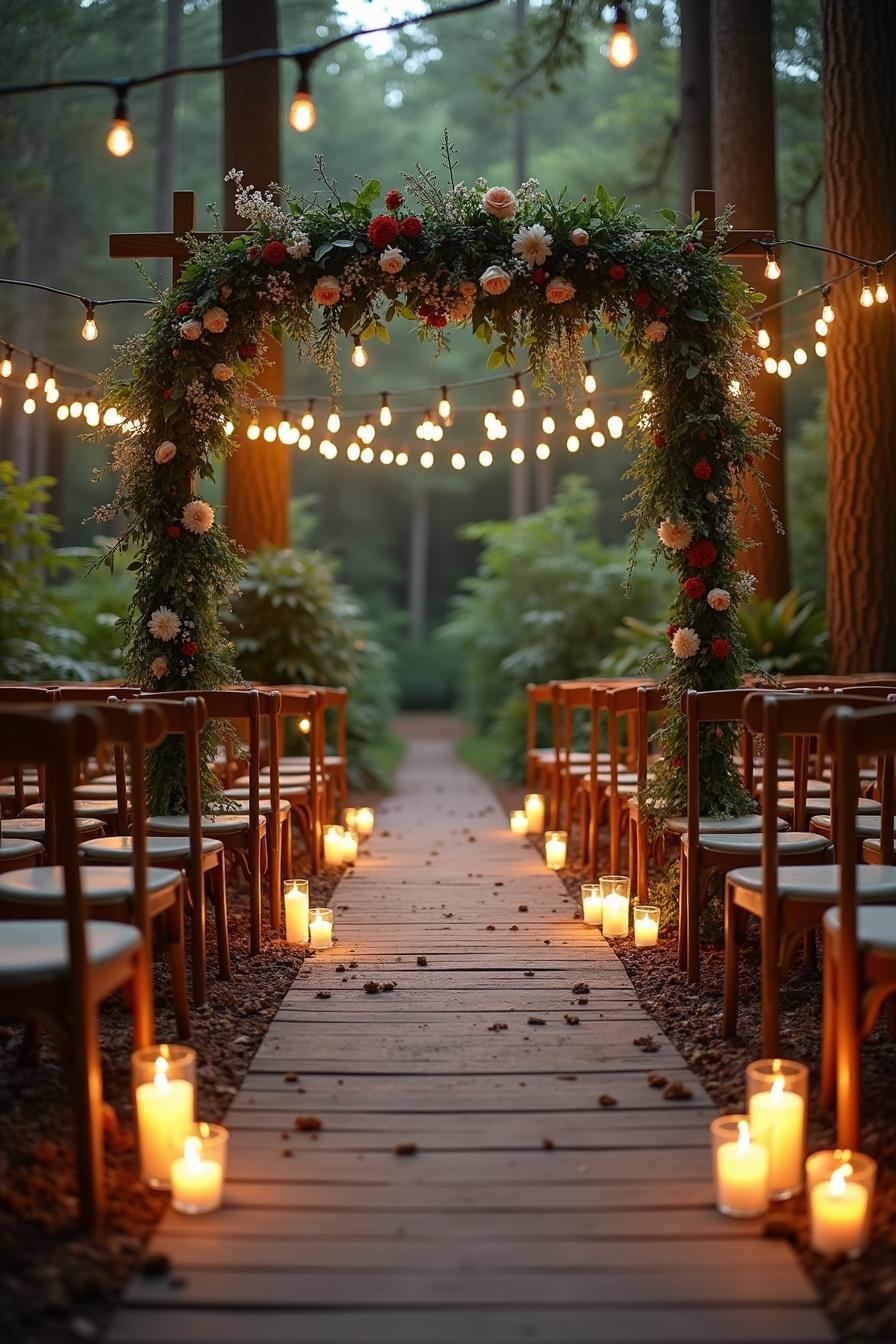 Woodland wedding aisle with floral archway and string lights