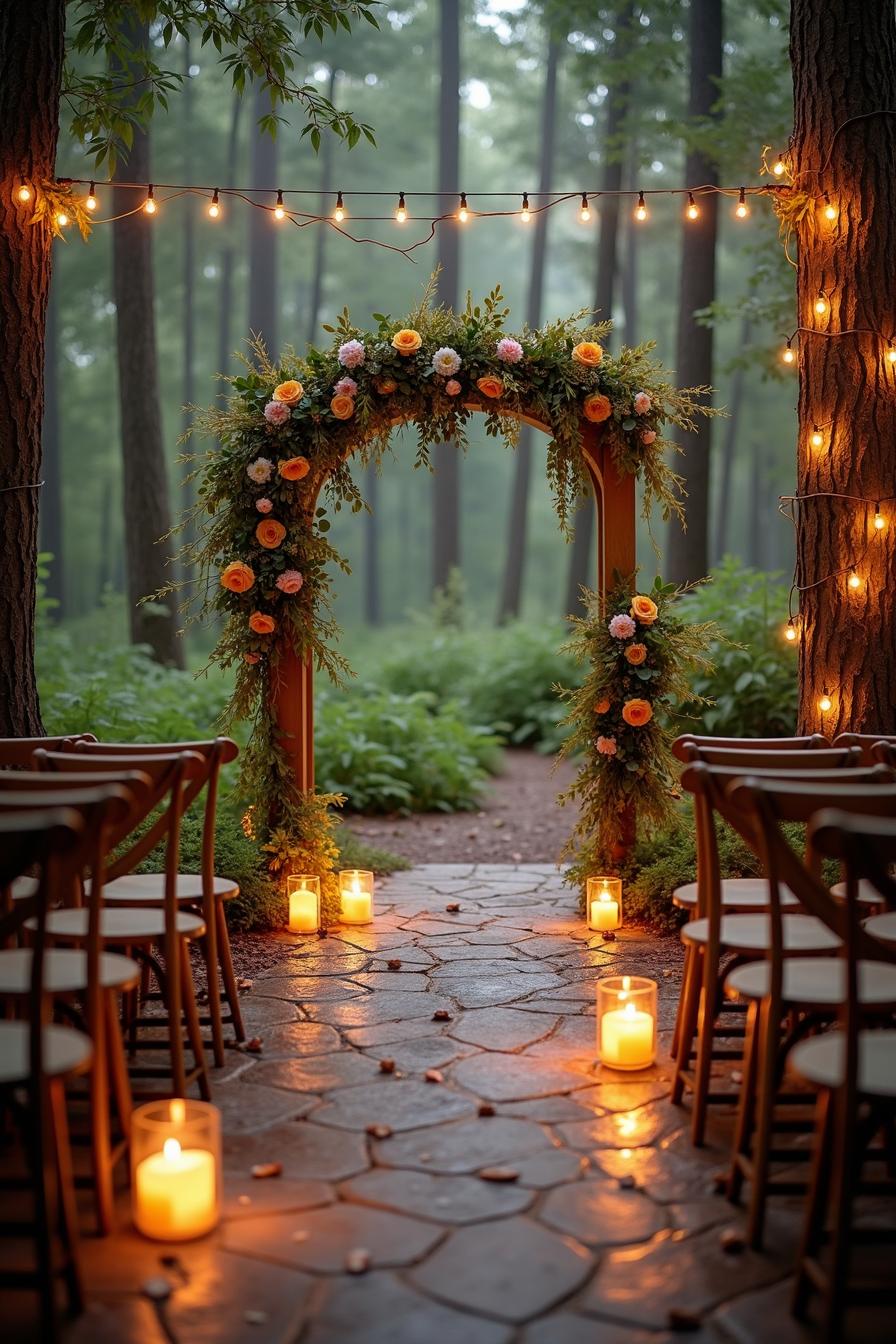 Floral arch in a forest with glowing lights and candles