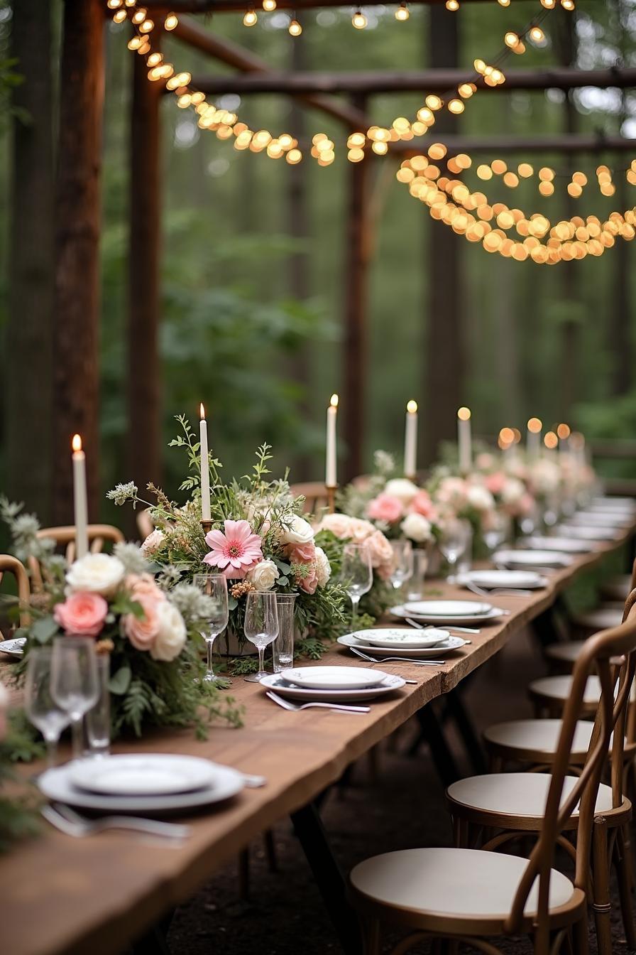 Long table with floral decor and hanging lights in a forest setting