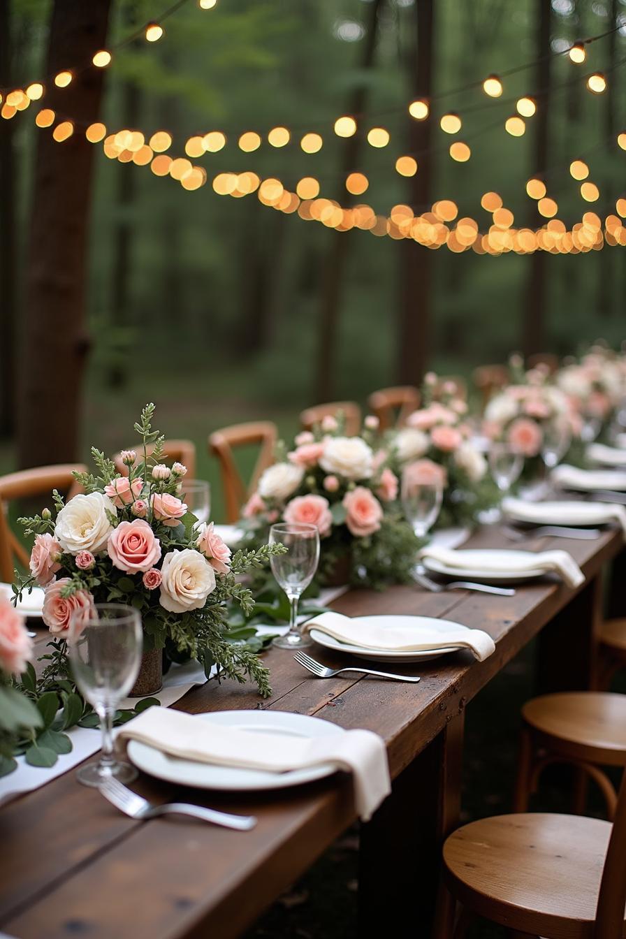 Elegant outdoor wedding table with flowers and string lights