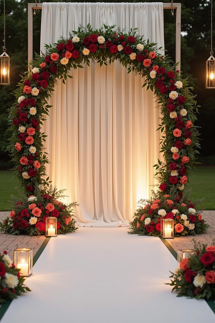 Floral arch with draped backdrop and candle-lit aisle