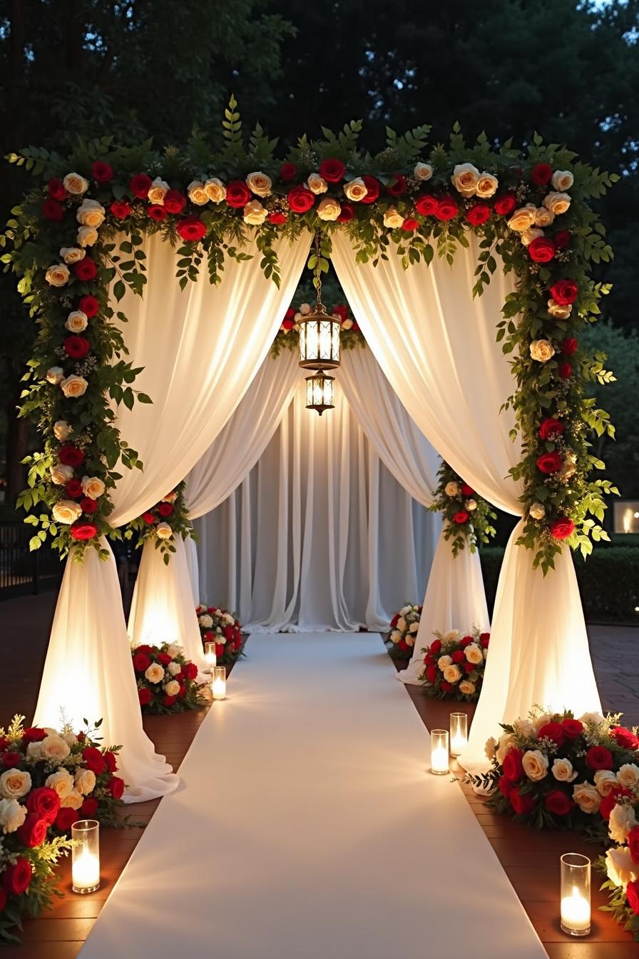 Elegant wedding arch with white drapes and red roses