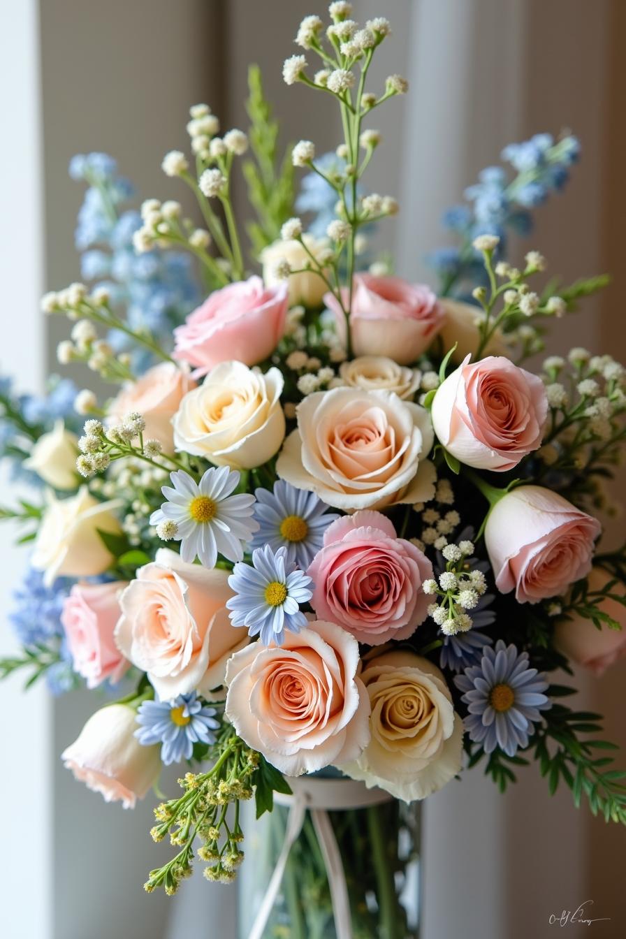 Pastel roses and daisies in an elegant floral arrangement