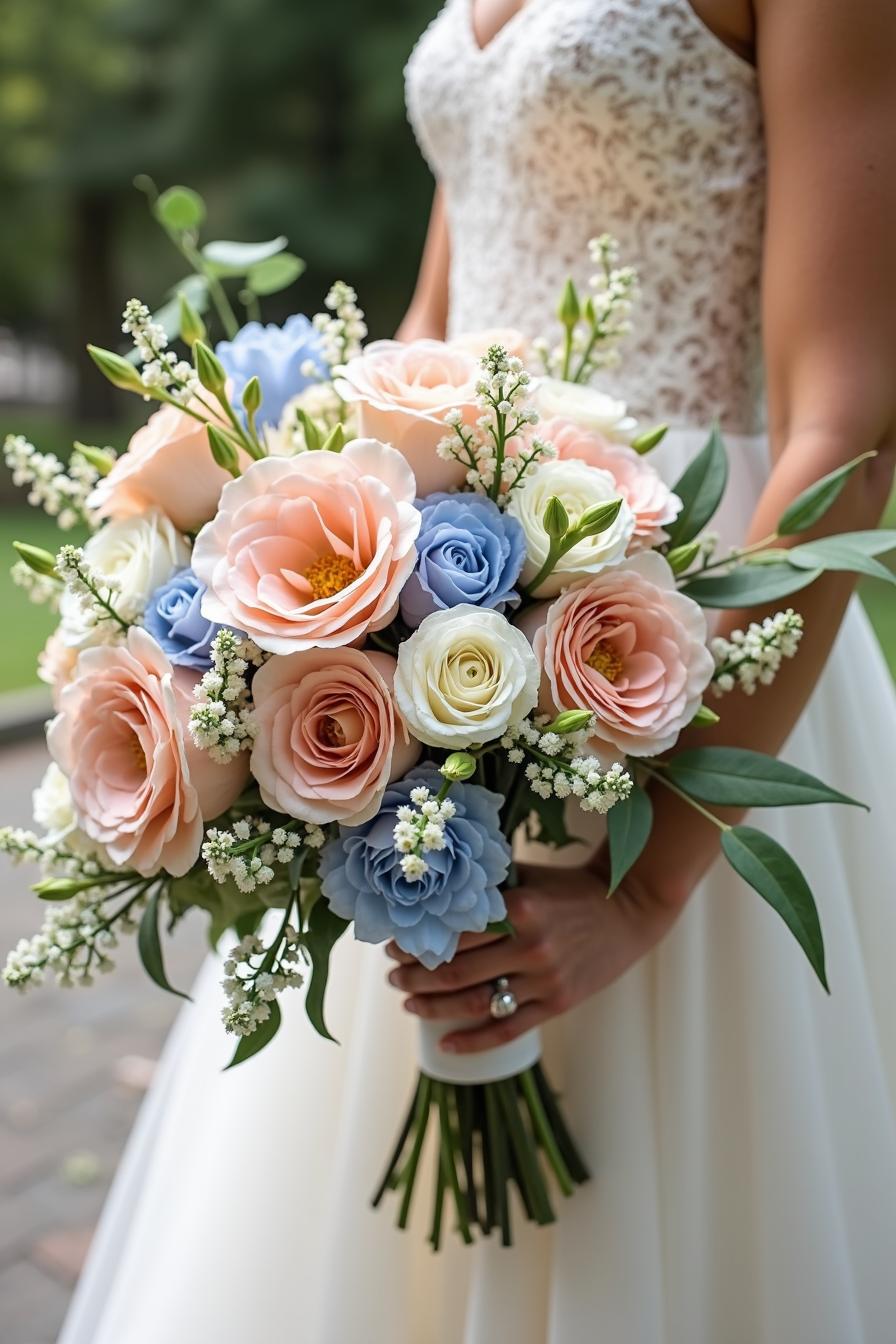 The wedding decor embodies a romantic and elegant theme with a sophisticated floral arrangement. It features a lush bouquet of roses carnations