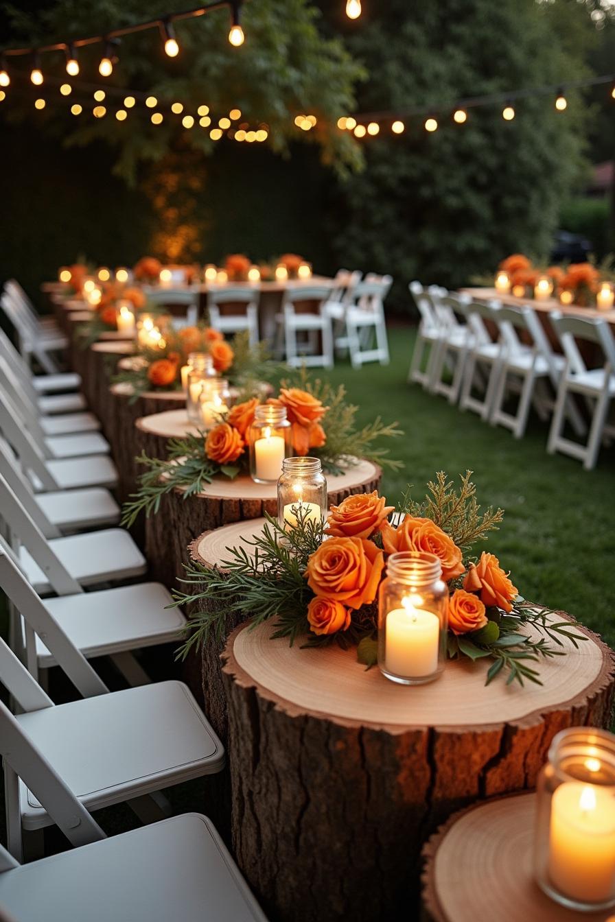 Glowing candles in jars with orange roses